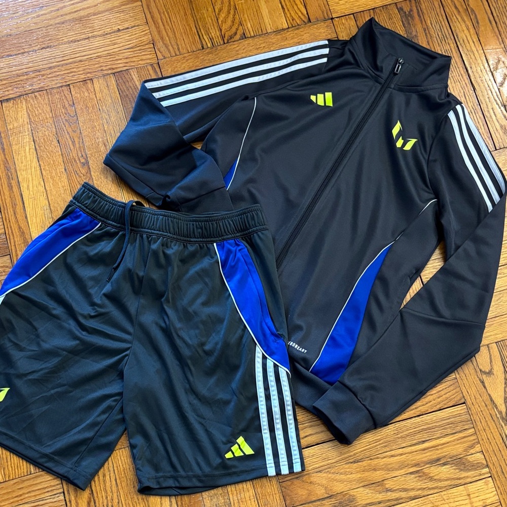 Adidas Kids Charcoal Grey and Blue Athletic Shorts and track jacket.
